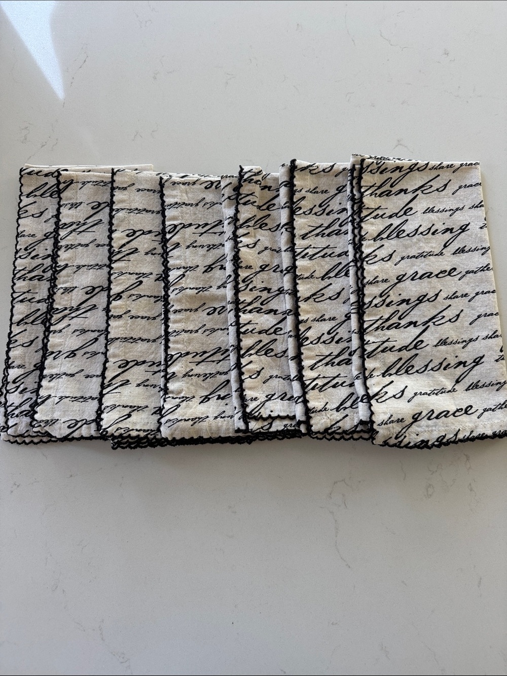 Pier 1 Cream and Black Script Cotton Thanksgiving Napkin Set 7 NWOT